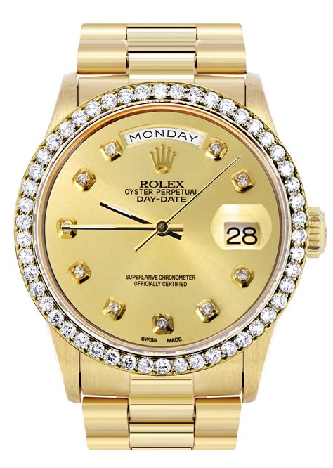 18k yellow gold rolex with diamond bezel|rolex day date diamond price.